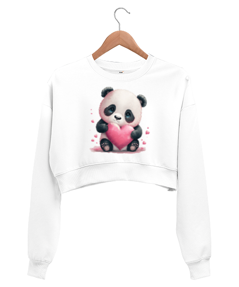 Tisho - Sevimli Panda ve Kalpler Beyaz Kadın Crop Sweatshirt