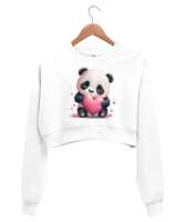 Sevimli Panda ve Kalpler Beyaz Kadın Crop Sweatshirt - Tisho