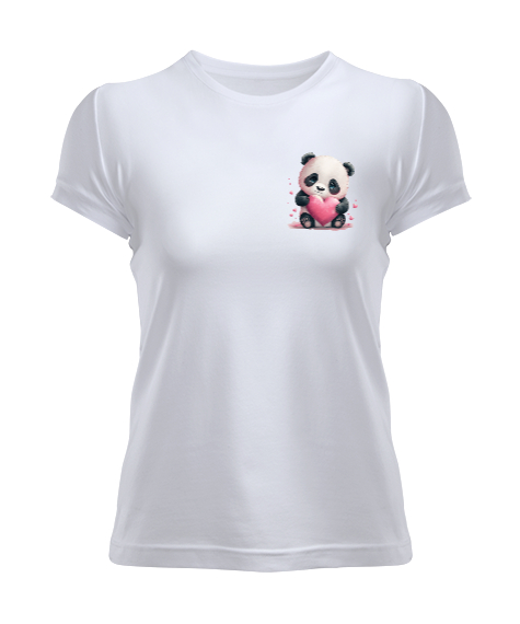Tisho - Sevimli Panda ve Kalpler Beyaz Kadın Tişört