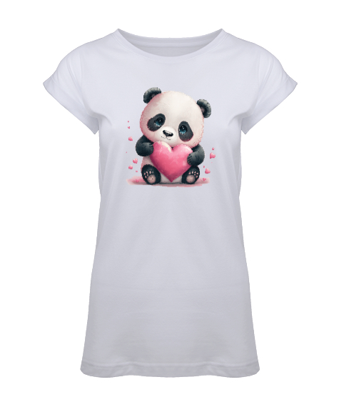 Tisho - Sevimli Panda ve Kalpler Beyaz Kadın Tunik