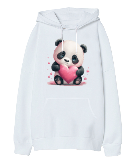 Tisho - Sevimli Panda ve Kalpler Beyaz Oversize Unisex Kapüşonlu Sweatshirt