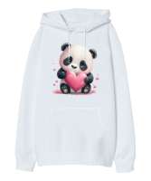 Sevimli Panda ve Kalpler Beyaz Oversize Unisex Kapüşonlu Sweatshirt - Tisho