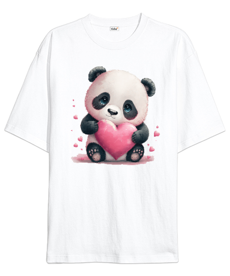 Tisho - Sevimli Panda ve Kalpler Beyaz Oversize Unisex Tişört