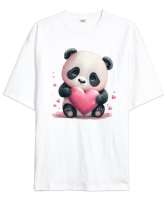 Sevimli Panda ve Kalpler Beyaz Oversize Unisex Tişört - Tisho