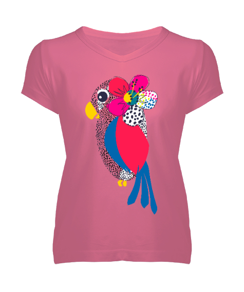 Tisho - Sevimli Papağan Görselli Pembe Kadın V Yaka Tişört