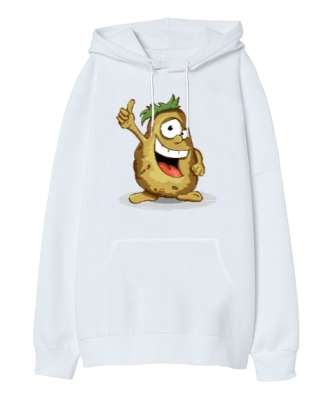 Sevimli Patates - Potato Beyaz Oversize Unisex Kapüşonlu Sweatshirt - Tisho