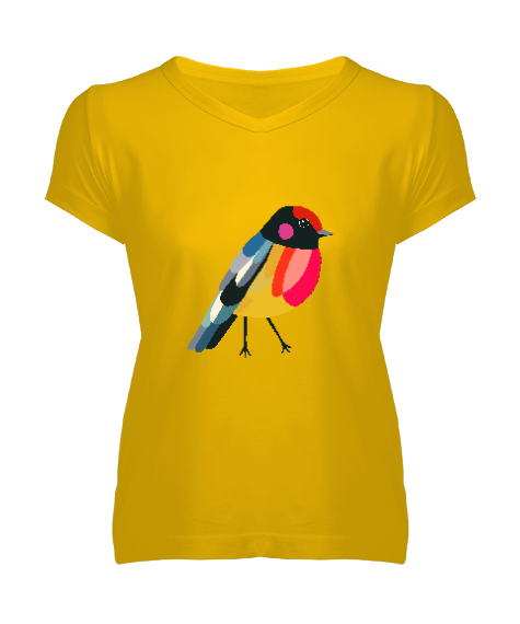 Tisho - Sevimli Renkli Serçe Sarı Kadın V Yaka Tişört