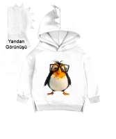 Sevimli Salaş Gözlüklü Penguen Beyaz Çocuk Dinozor Kapşonlu Hoodie - Tisho