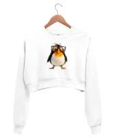 Sevimli Salaş Gözlüklü Penguen Beyaz Kadın Crop Sweatshirt - Tisho