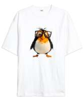 Sevimli Salaş Gözlüklü Penguen Beyaz Oversize Unisex Tişört - Tisho