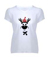 Sevimli Şapkalı Geyik Beyaz Kadın V Yaka Tişört - Tisho