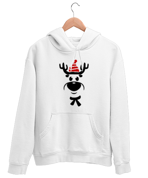 Sevimli Şapkalı Geyik Beyaz Unisex Kapşonlu Sweatshirt - Tisho
