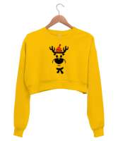 Sevimli Şapkalı Geyik Sarı Kadın Crop Sweatshirt - Tisho