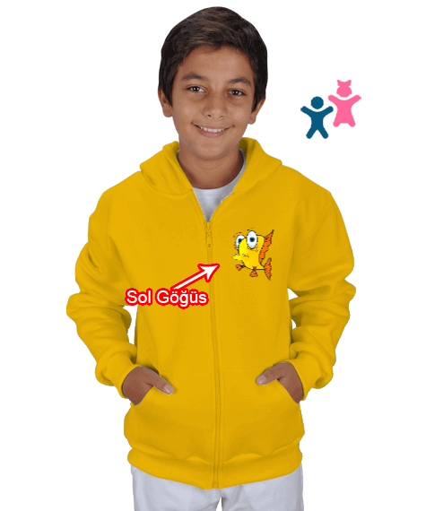 Tisho - Sevimli Sarı balık Çocuk Kapüşonlu Hoodie Fermuarlı