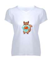 SEVİMLİ SİNCAP Beyaz Kadın V Yaka Tişört - Tisho