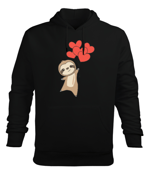 Tisho - Sevimli Sloth Kalp Balonu Sevgililer Günü 14 Şubat Tasarımlı Siyah Erkek Kapüşonlu Hoodie Sweatshirt
