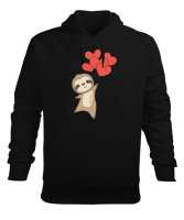 Sevimli Sloth Kalp Balonu Sevgililer Günü 14 Şubat Tasarımlı Siyah Erkek Kapüşonlu Hoodie Sweatshirt - Tisho