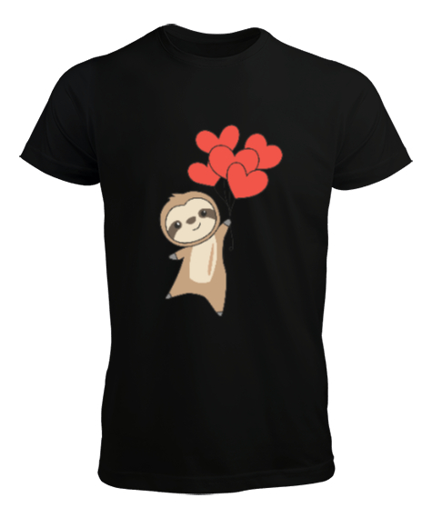 Tisho - Sevimli Sloth Kalp Balonu Sevgililer Günü 14 Şubat Tasarımlı Siyah Erkek Tişört