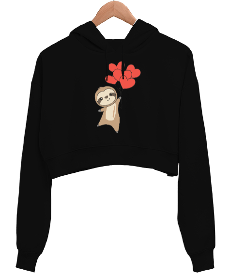 Tisho - Sevimli Sloth Kalp Balonu Sevgililer Günü 14 Şubat Tasarımlı Siyah Kadın Crop Hoodie Kapüşonlu Sweatshirt