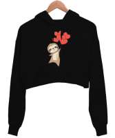 Sevimli Sloth Kalp Balonu Sevgililer Günü 14 Şubat Tasarımlı Siyah Kadın Crop Hoodie Kapüşonlu Sweatshirt - Tisho