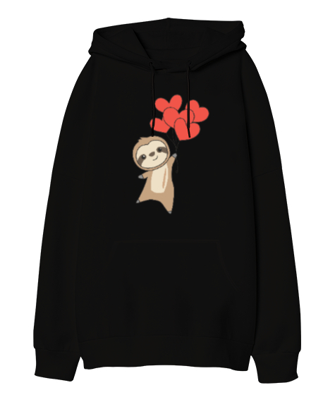 Tisho - Sevimli Sloth Kalp Balonu Sevgililer Günü 14 Şubat Tasarımlı Siyah Oversize Unisex Kapüşonlu Sweatshirt