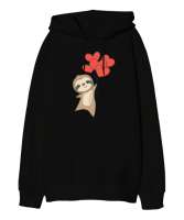 Sevimli Sloth Kalp Balonu Sevgililer Günü 14 Şubat Tasarımlı Siyah Oversize Unisex Kapüşonlu Sweatshirt - Tisho