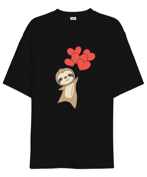 Tisho - Sevimli Sloth Kalp Balonu Sevgililer Günü 14 Şubat Tasarımlı Siyah Oversize Unisex Tişört