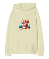Sevimli Sporcu Gözlüklü Sincap Baskılı Krem Oversize Unisex Kapüşonlu Sweatshirt - Tisho