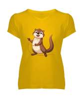 SEVİMLİ SU SAMURU Sarı Kadın V Yaka Tişört - Tisho