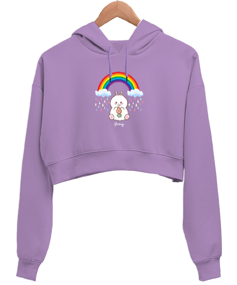 Tisho - Sevimli Tavşan Gökkuşağı Altında Lila Kadın Crop Hoodie Kapüşonlu Sweatshirt