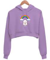 Sevimli Tavşan Gökkuşağı Altında Lila Kadın Crop Hoodie Kapüşonlu Sweatshirt - Tisho