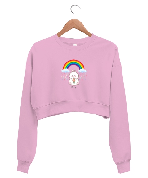 Tisho - Sevimli Tavşan Gökkuşağı Pembe Kadın Crop Sweatshirt