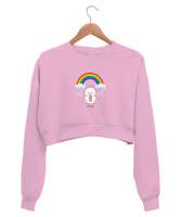 Sevimli Tavşan Gökkuşağı Pembe Kadın Crop Sweatshirt - Tisho