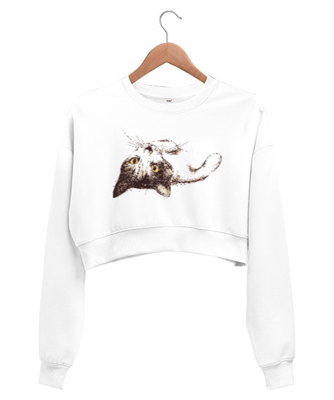 Tisho - Sevimli Uzanmış Kedi - Sweet Cat Beyaz Kadın Crop Sweatshirt