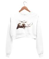 Sevimli Uzanmış Kedi - Sweet Cat Beyaz Kadın Crop Sweatshirt - Tisho