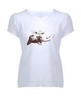 Sevimli Uzanmış Kedi - Sweet Cat Beyaz Kadın V Yaka Tişört - Tisho