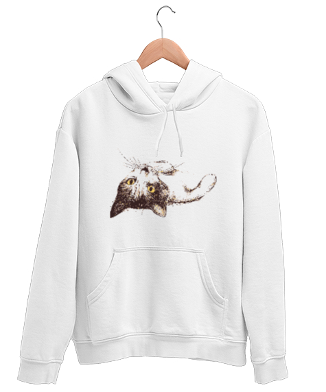 Tisho - Sevimli Uzanmış Kedi - Sweet Cat Beyaz Unisex Kapşonlu Sweatshirt