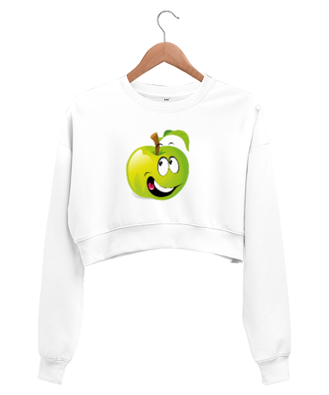 Tisho - Sevimli yeşil elma baskılı Beyaz Kadın Crop Sweatshirt