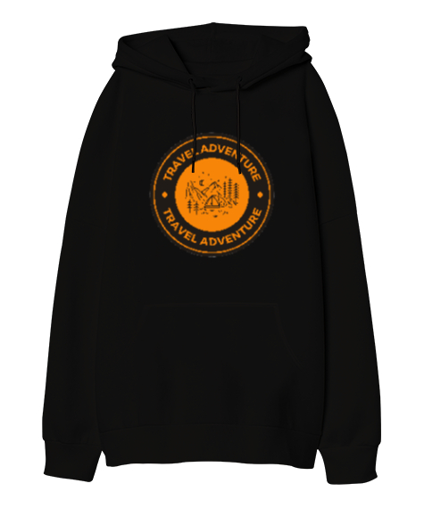 Tisho - Seyahat ve Macera Kampçı ve Dağcı Özel Tasarım Siyah Oversize Unisex Kapüşonlu Sweatshirt