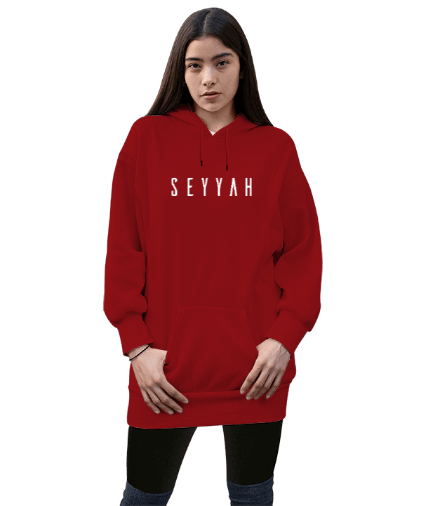 Tisho - Seyyah Kırmızı TiNCiR Kadın Uzun Hoodie Kapüşonlu Sweatshirt