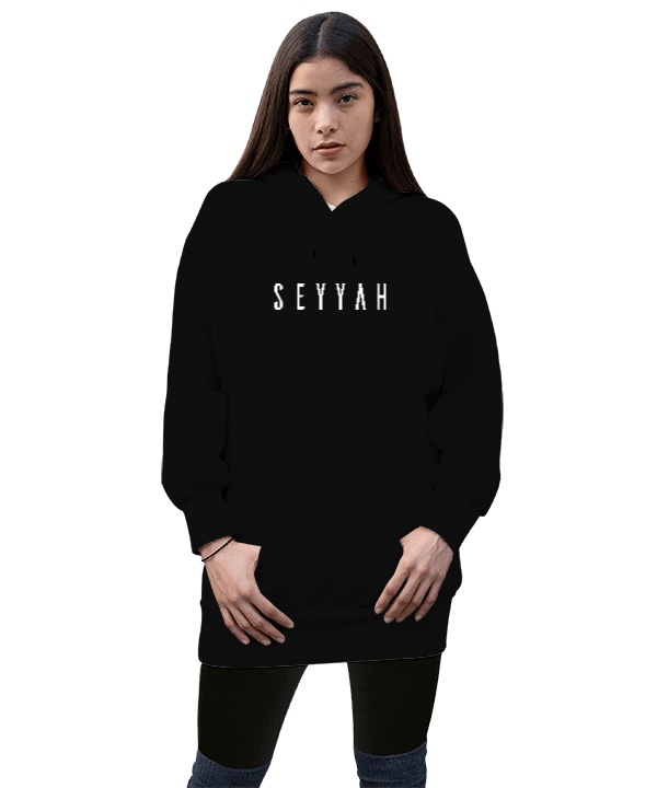 Tisho - Seyyah Siyah TiNCiR Kadın Uzun Hoodie Kapüşonlu Sweatshirt