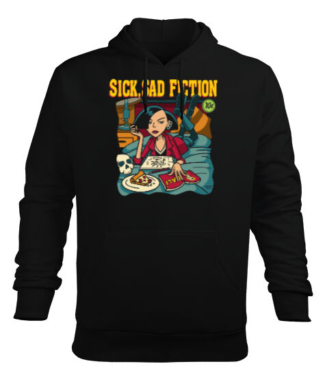 Tisho - Sick Sad Fiction Classic Pulp Fiction Ucuz Roman Baskılı Siyah Erkek Kapüşonlu Hoodie Sweatshirt