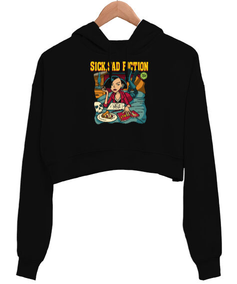 Tisho - Sick Sad Fiction Classic Pulp Fiction Ucuz Roman Baskılı Siyah Kadın Crop Hoodie Kapüşonlu Sweatshirt