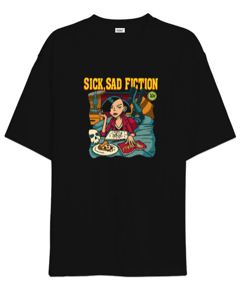 Tisho - Sick Sad Fiction Classic Pulp Fiction Ucuz Roman Baskılı Siyah Oversize Unisex Tişört