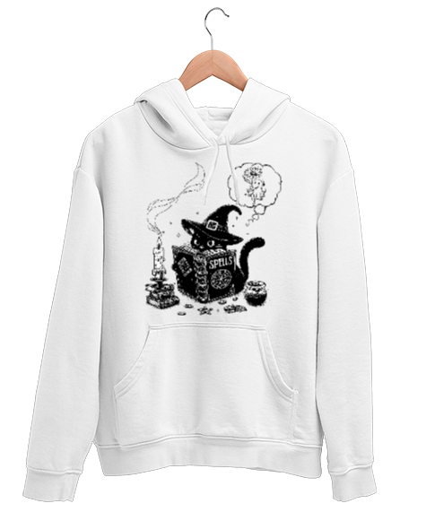 Tisho - Sihir Kitabı Okuyan Cadı Kedi Beyaz Unisex Kapşonlu Sweatshirt