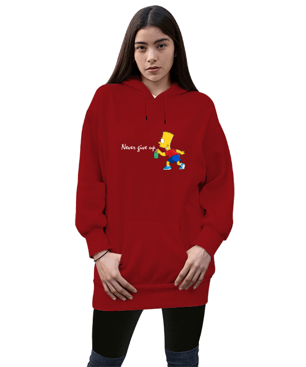 Tisho - simpson tasarımlı Kadın Uzun Hoodie Kapüşonlu Sweatshirt