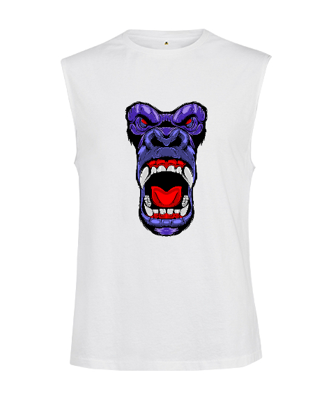 Tisho - Sinirli Bağıran Agresif Goril Fitness Motivasyon Beyaz Kesik Kol Unisex Tişört