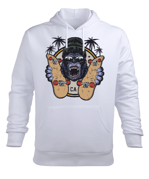 Tisho - Sinirli Güçlü Gözlüklü Kaykaylı Goril Beyaz Erkek Kapüşonlu Hoodie Sweatshirt