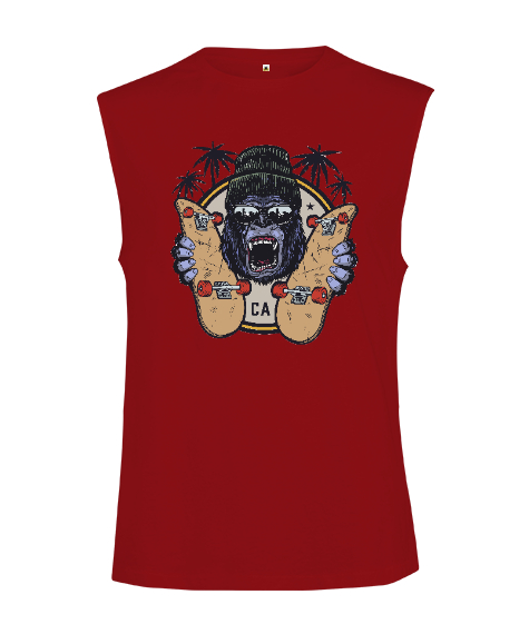 Tisho - Sinirli Güçlü Gözlüklü Kaykaylı Goril Kırmızı Kesik Kol Unisex Tişört