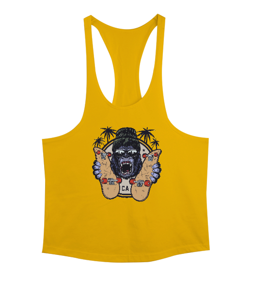 Tisho - Sinirli Güçlü Gözlüklü Kaykaylı Goril Sarı Erkek Tank Top Atlet